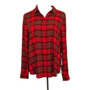 Lucky Brand Women's Button Up Blouse Top Long Sleeve Red Brown Plaid Size L